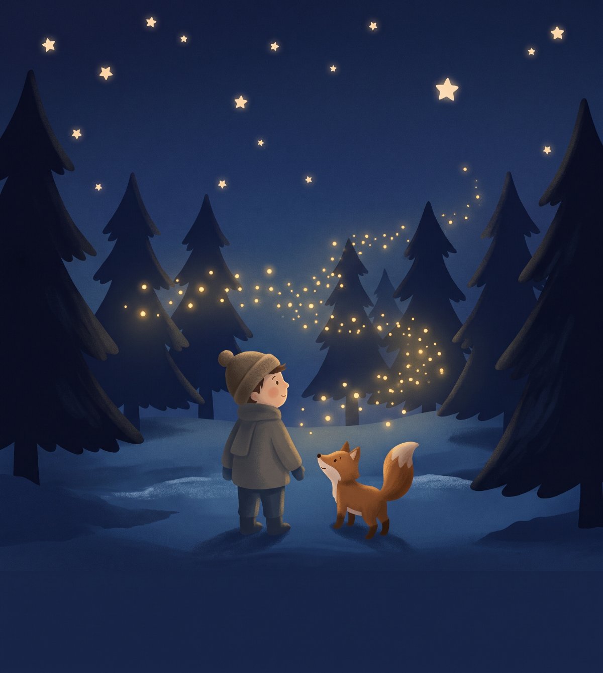A story scene of golden lights among night pines
